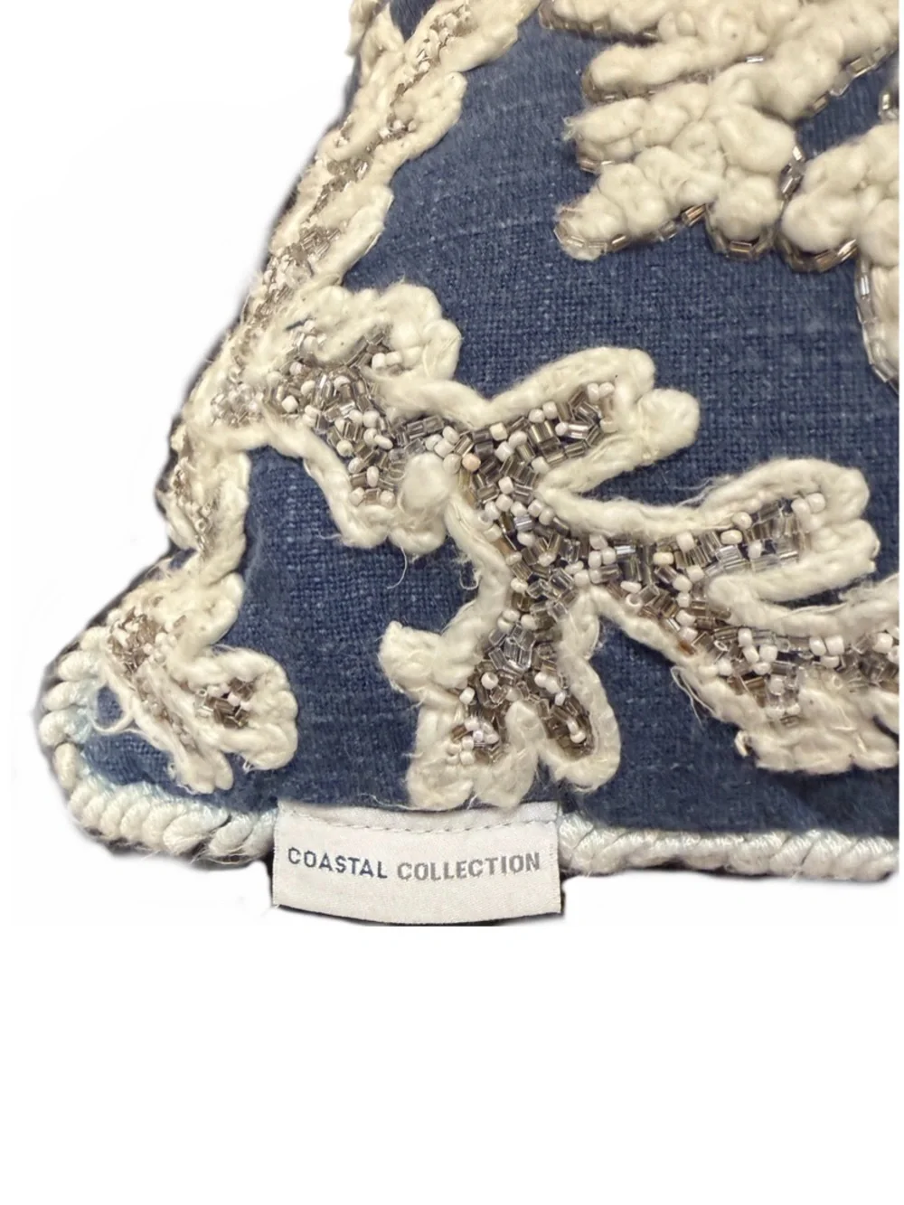 Coastal Collection Blue Accent Pillow Beading Embroidery Coral Design